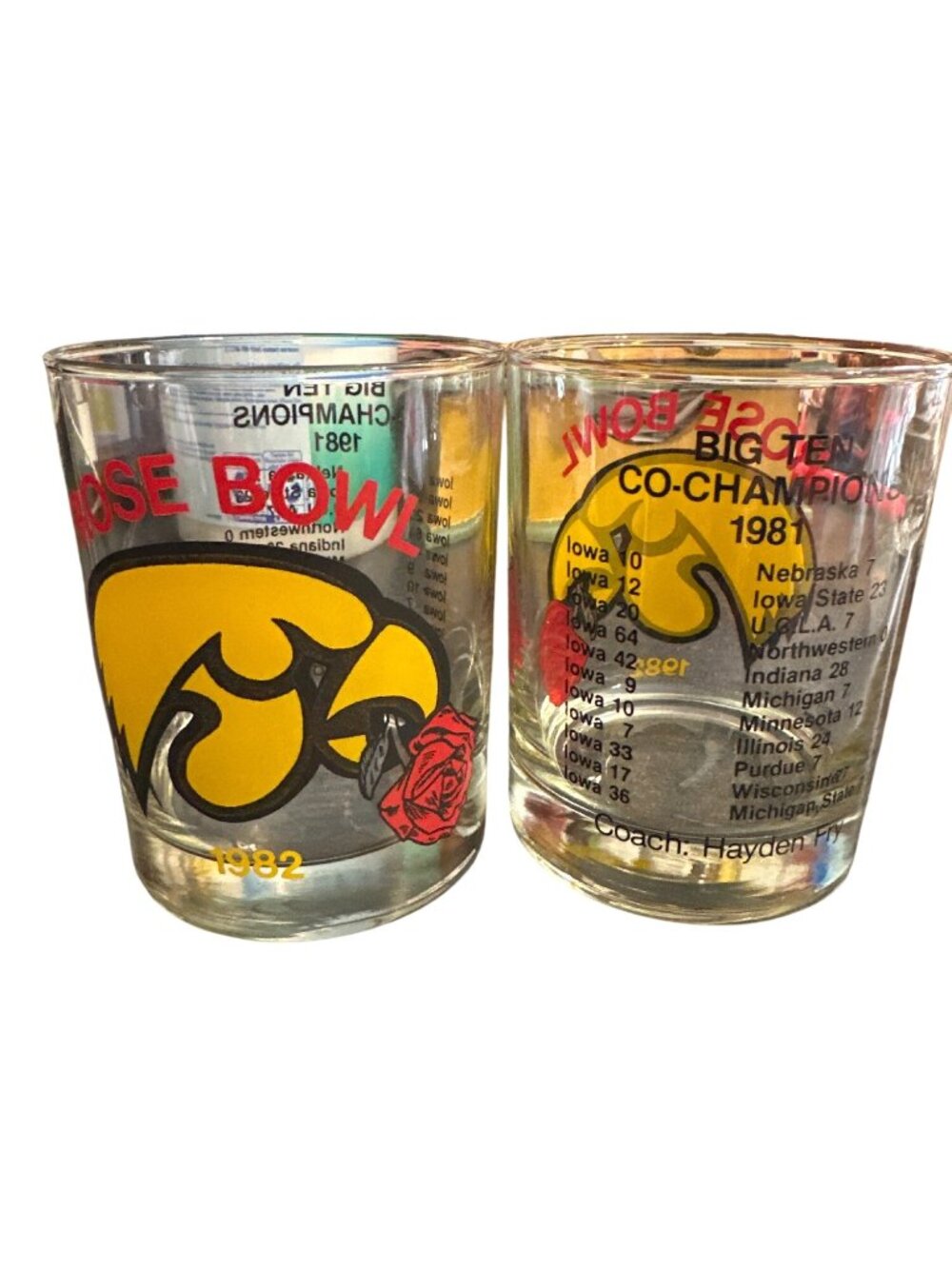 Iowa Hawkeyes 1981 Big Ten Co-Champions Rose Bowl Glasses Set Of 2 Yellow Logo 1